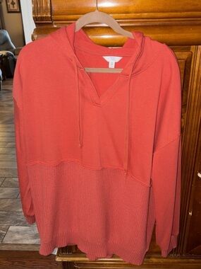 Time and Tru Coral Hoodie Pullover with Waffle Knit Panel